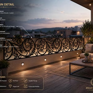 May include: Matte black laser-cut floral scroll design railing made of mild steel. The railing is 3mm thick and customizable, suitable for outdoor use on balconies, terraces, or gardens. Features include weather resistance, rust proofing, and custom sizes.