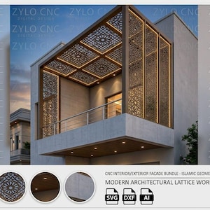 Może przedstawiać: Cyfrowy pakiet projektowy do fasad wewnętrznych i zewnętrznych CNC z islamskimi wzorami geometrycznymi. Architektoniczne ażurowe wzory obejmują formaty plików SVG, DXF i AI do nowoczesnych projektów budowlanych i paneli dekoracyjnych.
