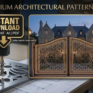 May include: A digital download graphic featuring a detailed architectural gate design. The image includes the text "PREMIUM ARCHITECTURAL PATTERN PACK" and "INSTANT DOWNLOAD" with file formats SVG, DXF, AI, and PDF. The gate design is bronze with a geometric pattern.