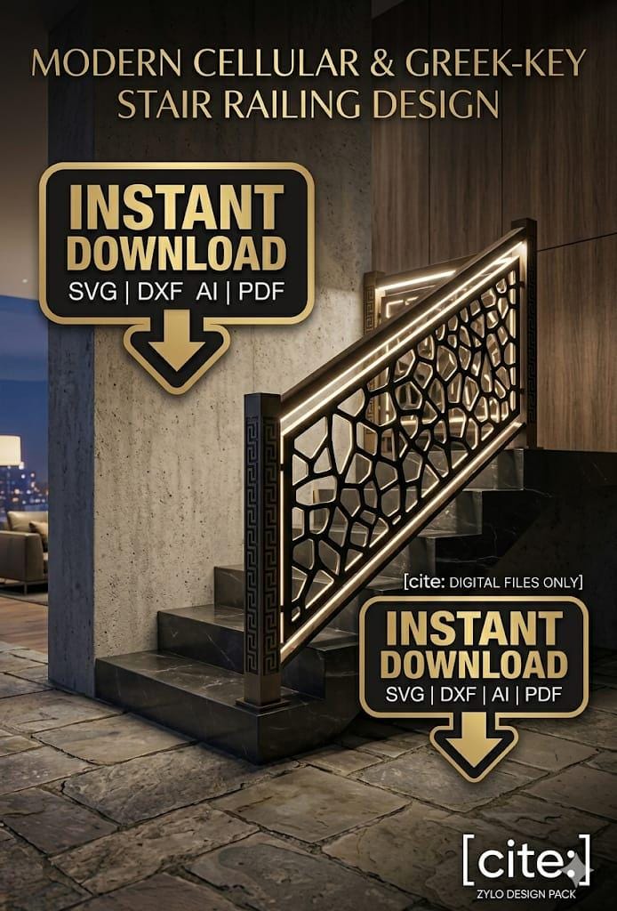 Modern Cellular Greek-key Stair Railing Design Files (svg, Dxf, Ai, Pdf ...