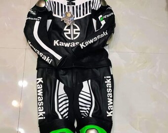Inspired Kawasaki Racing Leather Suit - Motorobike Leather Racing Suit - Custom Biker Gifts