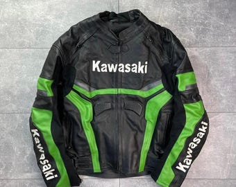 Inspired Kawasaki Racing Leather Jacket – Motorbike Leather Jacket - Custom Tailored Biker Gifts