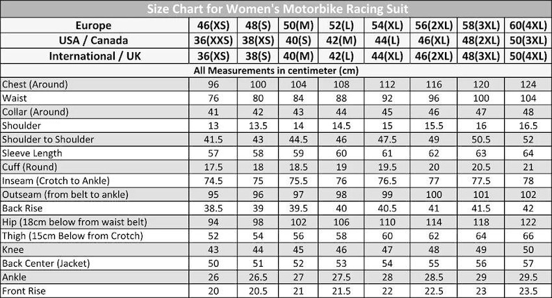 May include: A size chart for women's motorbike racing suits, with measurements in centimeters. The chart includes sizes from 46(XS) to 60(4XL) for Europe, 36(XXS) to 50(3XL) for USA/Canada, and 36(XS) to 50(4XL) for International/UK.