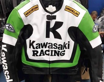 Inspired Kawasaki Leather Racing Jacket – 90s Style Motorcycle Jacket