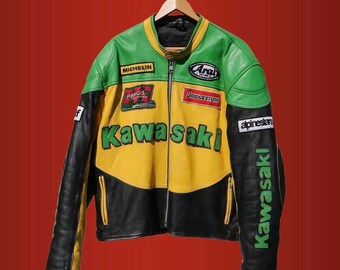 Inspired Kawasaki Leather Racing Jacket – 90s Style Motorcycle Jacket