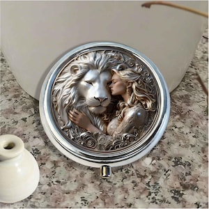 Customizable Silver Metal Art Deco Pill Box| Lion & Woman  Pocket Organizer