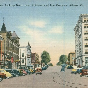 Linen Postcard, Athens, Georgia, College Avenue North from University of Georgia