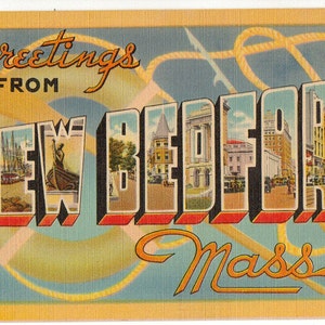 Linen postcard, Greetings from New Bedford, Massachusetts, Boats, Large Letter