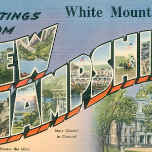 Linen Postcard, Greetings from White Mountains, New Hampshire, Large Letter
