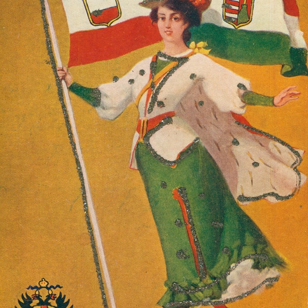 Vintage Postcard, Austrian Girl with Flag, Artist Signed St. John, Country Seal, ca 1915