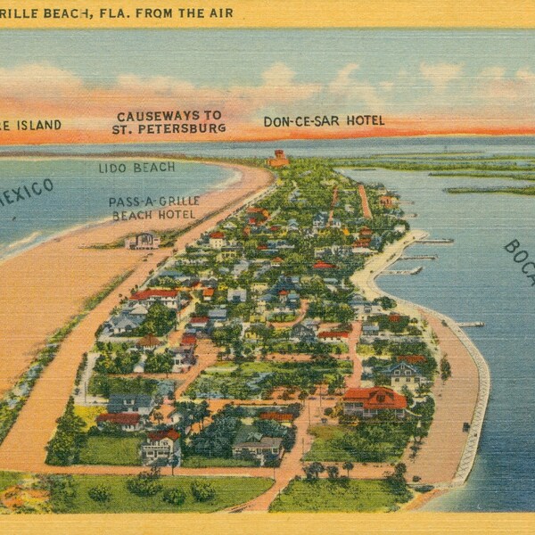 Linen Postcard, Pass A Grille, Florida, View from Air, ca 1940