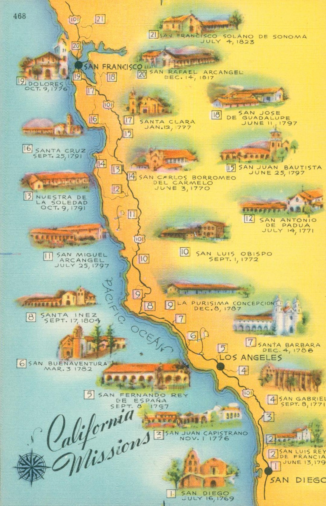 Linen Postcard, California Missions, Map Showing All 21 Missions - Etsy