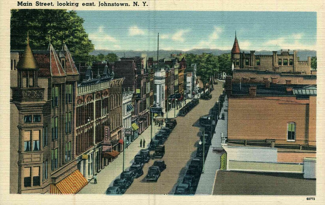 Linen Postcard, Johnstown, New York, Main Street Looking East, ca 1940