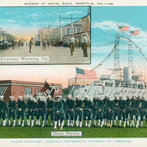 May include: Vintage postcard depicting scenes at a naval base. The image includes a parade of uniformed personnel, a large ship, and airplanes. Text on the postcard reads "Airplanes Warming Up" and "Dress Parade."
