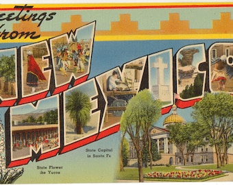 Linen Postcard, Greetings from New Mexico, State Flower and State Capitol, Large Letter