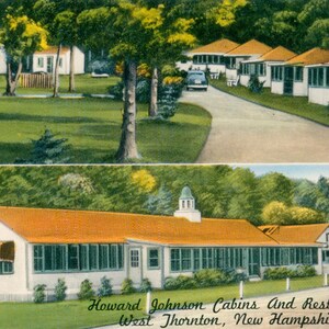 May include: Vintage postcard featuring Howard Johnson's Cabins and Restaurant in West Thornton, New Hampshire. The image shows a row of cabins with orange roofs and a restaurant with a sign for ice cream. The postcard is a nostalgic look at a classic American roadside establishment.