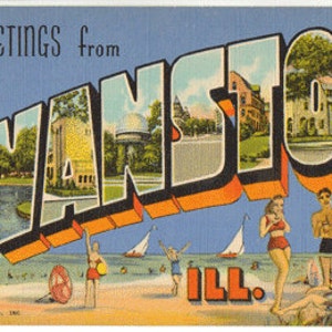 Fichier numérique carte postale, salutations d'Evanston, Illinois, plage, voiliers, grande lettre