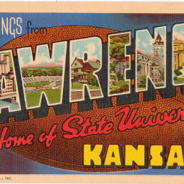 Linen Postcard, Greetings from Lawrence, Kansas, Home of State University, Large Letter