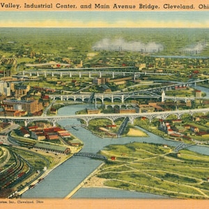 Linen Postcard, Cleveland, Ohio, Industrial Center and Main Avenue Bridge