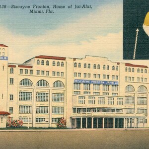 May include: A vintage postcard depicting the Biscayne Fronton, a building in Miami, Florida, known as the home of Jai-Alai. The postcard features a photo of the building with the text "Biscayne Fronton Jai-Alai" on a banner above the entrance. The postcard also includes a small image of a Jai-Alai player in action.