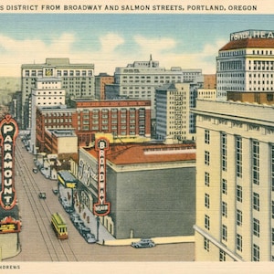 Linen Postcard, Portland, Oregon, Business District from Broadway and Salmon Streets
