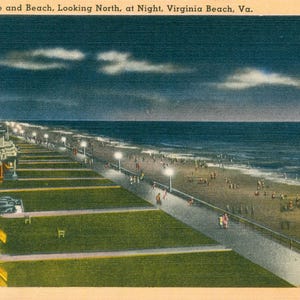 Linen Postcard, Virginia Beach, Virginia, Ocean Promenade and Beach at Night