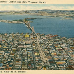 Linen Postcard, San Francisco, California, Business District and Bay