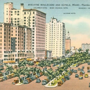 Linen Postcard, Miami, Florida, Hotels on Biscayne Boulevard, ca 1940