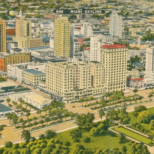Linen Postcard, Miami, Florida, Aerial View of Miami Skyline