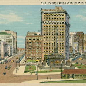 Linen Postcard, Cleveland, Ohio, Public Square, Looking East, ca 1935