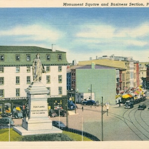 Linen Postcard,  Portland, Maine, Monument Square and Business Section
