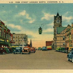 Linen Postcard, Anderson, South Carolina, Main Street Looking North, ca 1945