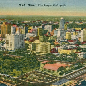 Linen Postcard, Miami, Florida, View of Skyline from the Air, 1958
