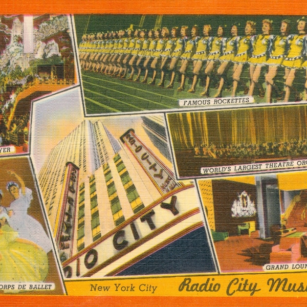 Linen Postcard, New York City, Radio City Music Hall, Rockettes, Orchestra, ca 1945