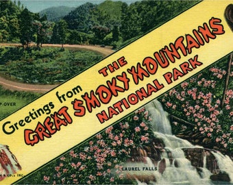 Linen Postcard, Greetings from Great Smoky Mountains National Park, Large Letter