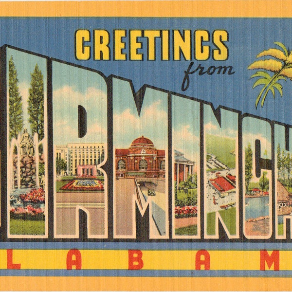Linen Postcard, Greetings from Birmingham, Alabama, Large Letter