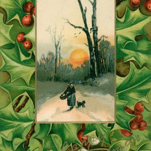 Vintage Christmas Postcard, Woman Walking in Woods with Dog, 1907