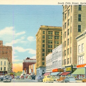 Linen Postcard, Springfield, Illinois, Scene on South Fifth Street, 1952