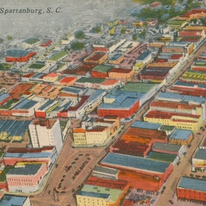 Linen Postcard, Spartanburg, South Carolina, Birds Eye View of City, ca 1940