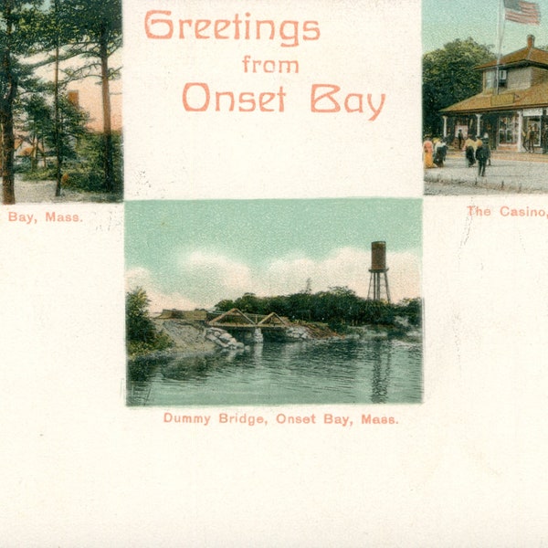 Vintage Postcard, Greetings from Onset Bay, Massachusetts, Casino, NICE, ca 1910