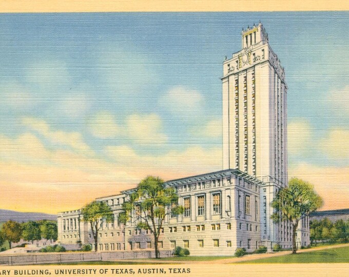 Texas Library Sign Linen Postcard, Austin, Texas, University of Texas, Library Building ...