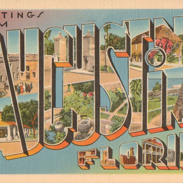 Linen Postcard, Greetings from St Augustine, Florida, Large Letter, ca 1945