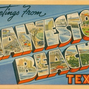Cartão postal de arquivo digital, Saudações de Galveston Beach, Texas, letra grande