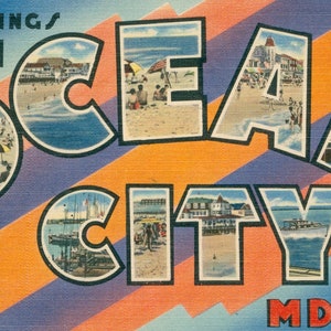 Postal digital, saludos desde Ocean City, Maryland, paseo marítimo, playa, letra grande