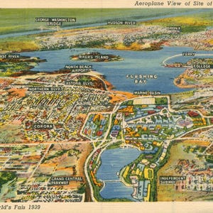 Linen Postcard, 1939 New York Worlds Fair, Airplane View of Site