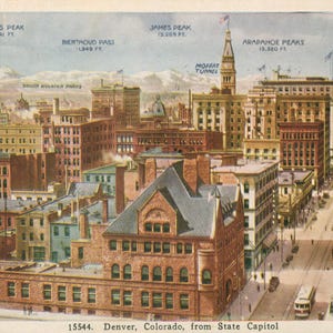 Linen Postcard, Denver, Colorado, View of Denver Skyline, 1933