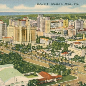 Linen Postcard, Miami, Florida, Aerial View of Skyline, 1947