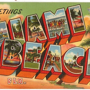 Linen Postcard, Greetings from Miami Beach, Florida, Planes, Large Letter