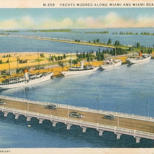 Linen Postcard, Miami Beach, Florida, Yachts Moored Along Causeway