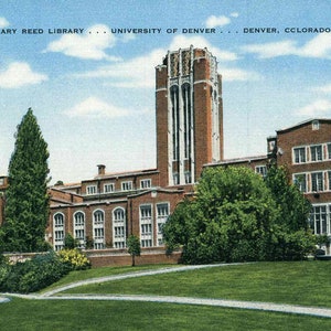 Linen Postcard, Denver, Colorado, University of Denver Mary Reed Library